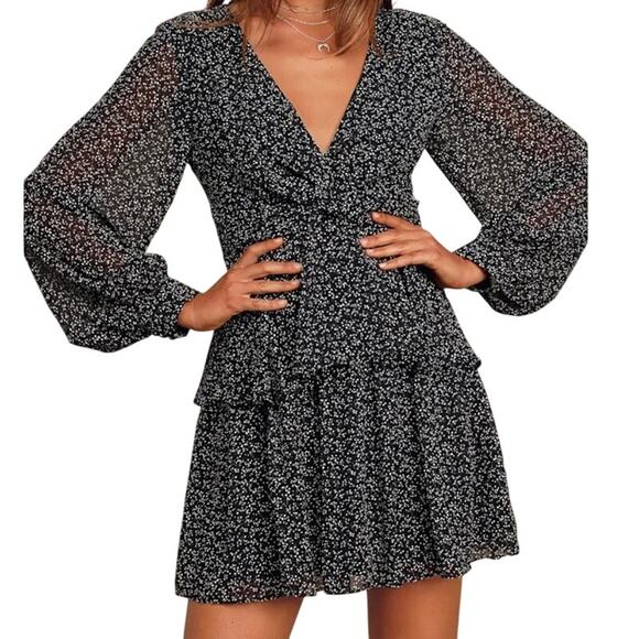 Lulus Tell You I Love You Black Floral Print Twist-Front Mini Dress Large Ruffle - Picture 2 of 7